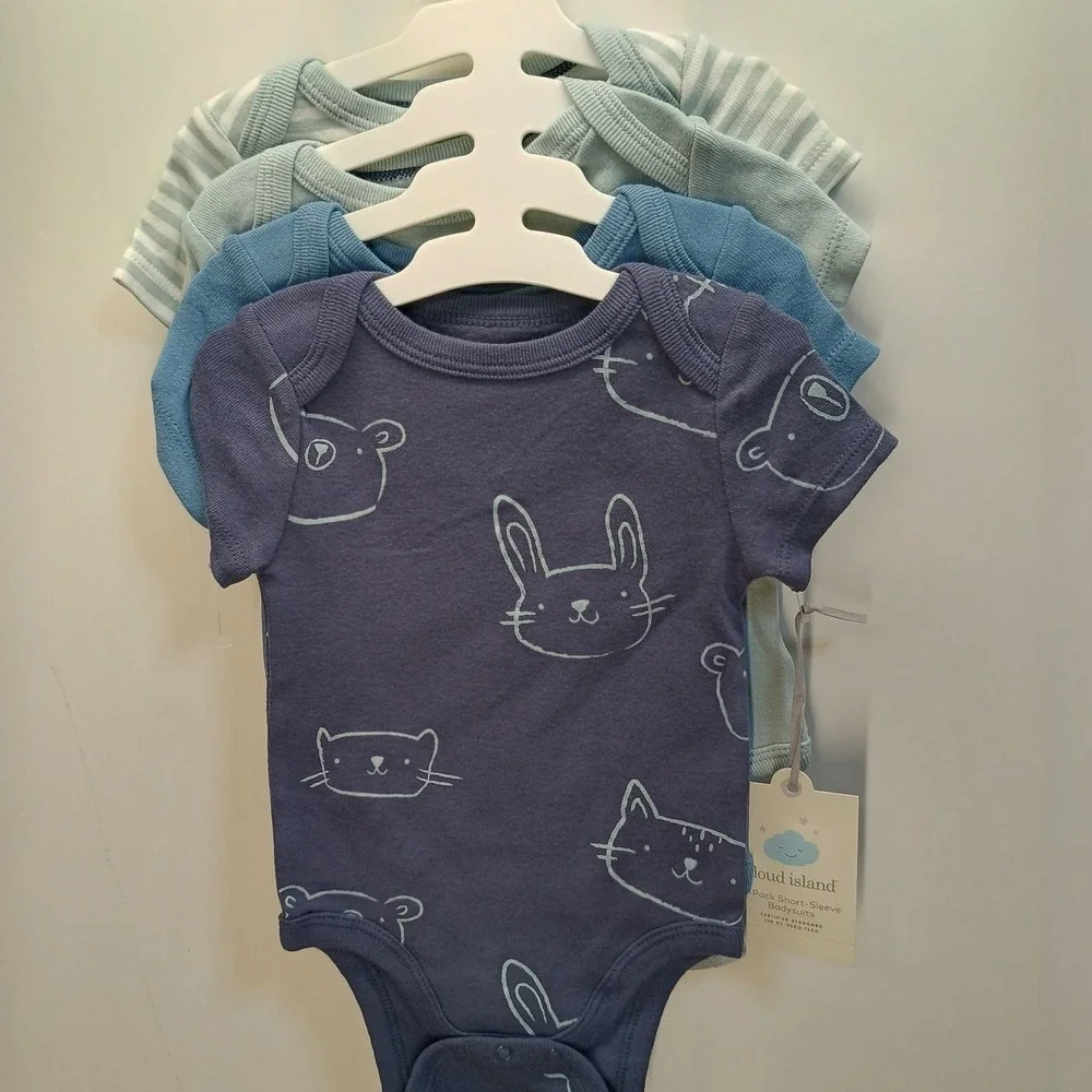 SET‎ OF 4 Cloud Island 0-3 Month Boys Short Sleeve Blue Stripe Baby Bodysuits